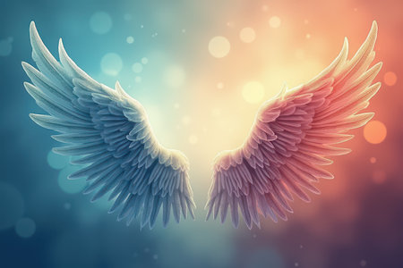 A pair of detailed, spread angel wings with soft, pastel coloring set against a blurry, bokeh background.の素材