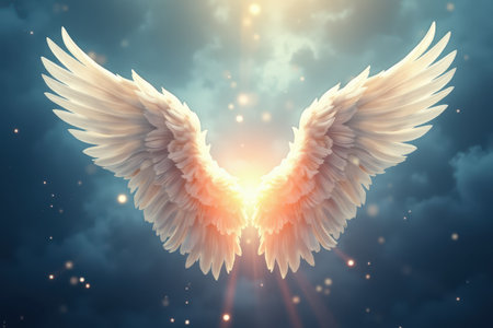 A pair of large white angel wings spread against a blue sky with a warm glowing light shining through the center.の素材