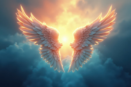 A pair of large, white, feathered angel wings spread against a backdrop of blue clouds and golden light.の素材