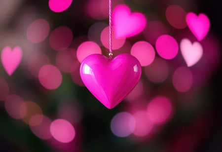 A pink heart-shaped ornament hangs against a backdrop of blurred pink lights, creating a romantic and festive atmosphere.の素材