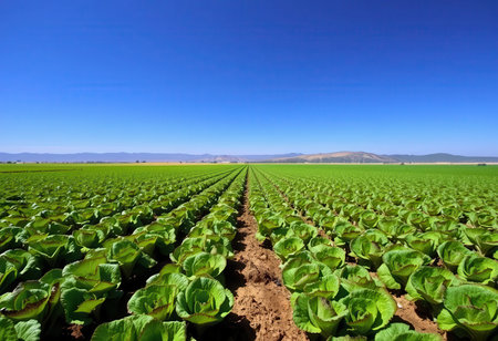 A wide shot of a field of rows of green cabbage plants under a clear blue sky.の素材