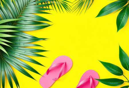 A flat lay composition featuring green palm and tropical leaves and pink flip-flops arranged on a yellow background, creating a summery and vibrant design.の素材