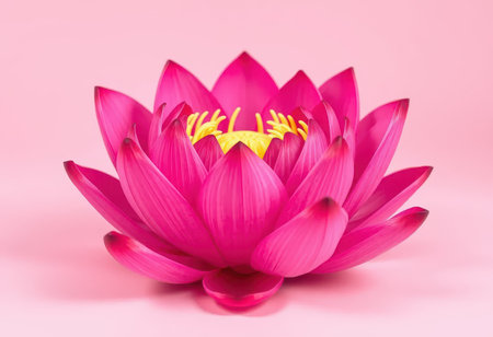 A close-up of a single pink lotus flower with a yellow center, showcasing its delicate petals and vibrant color against a pale pink background.の素材