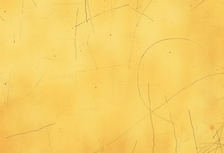 A close-up view of a yellow surface with numerous scratches, specks, and subtle color variations.の素材