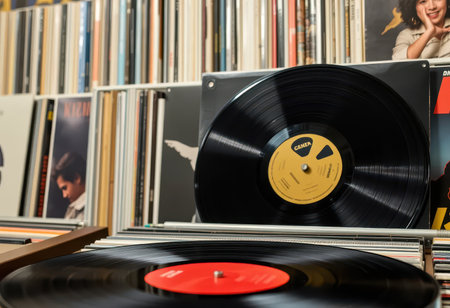 A close-up view of a vinyl record spinning on a turntable, with a collection of other records and album covers visible on a shelf behind it.の素材