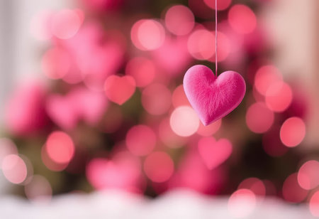 A pink heart-shaped ornament hangs in front of a blurry background of pink lights, creating a romantic and festive atmosphere.の素材
