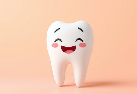 A cheerful cartoon tooth with pink cheeks is standing on a peach background.の素材