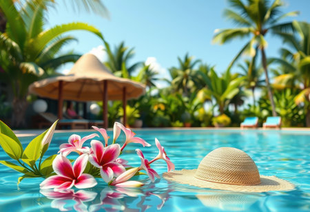 A close-up of pink flowers and a straw hat floating in a sparkling blue swimming pool with a tropical backdrop.の素材