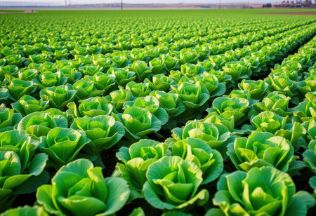 A close-up view of a field of vibrant green cabbage heads, growing in neat rows.の素材