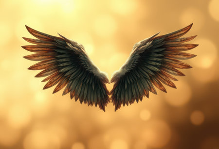 A close-up image of a pair of bird wings against a warm, golden background, showcasing the intricate details of the feathers and creating a sense of flight and freedom.の素材