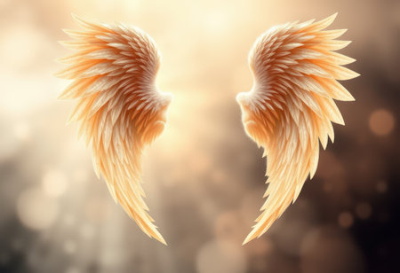 A close-up of a pair of golden angel wings spread against a blurred background, highlighting the delicate and ethereal quality of the image.の素材