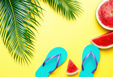 A vibrant summer scene featuring palm leaves, juicy watermelon slices, and blue flip-flops on a bright yellow background.の素材