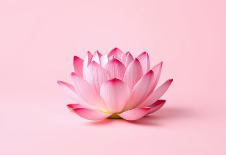 A single pink lotus flower with delicate petals, blooming against a pastel pink background.の素材