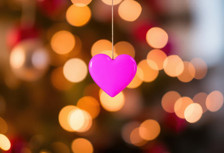 A pink heart ornament hangs by a string against a backdrop of blurred golden and red lights.の素材