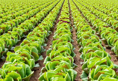 A close-up view of rows of green lettuce plants growing in a farm field.の素材