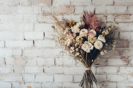 A bouquet of dried flowers in various shades of white, pink, and beige, arranged against a white brick wall.の素材