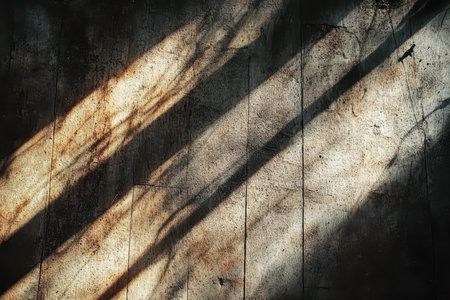 A close-up of sunbeams casting diagonal shadows on a worn and distressed wooden floor.の素材