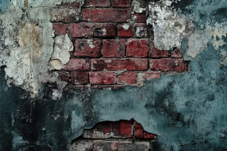 A close-up view of an old brick wall with peeling paint and cracks, showcasing a rustic and weathered texture.の素材