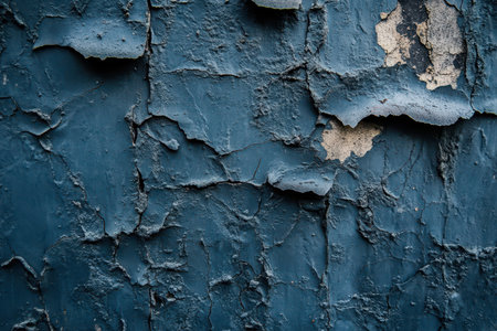 The image shows a close-up of a blue painted wall with cracked and peeling paint.の素材