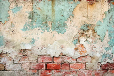 A close-up view of a brick wall with peeling paint and mortar, revealing the underlying brickwork. The wall has a weathered, distressed, and vintage appearance.の素材