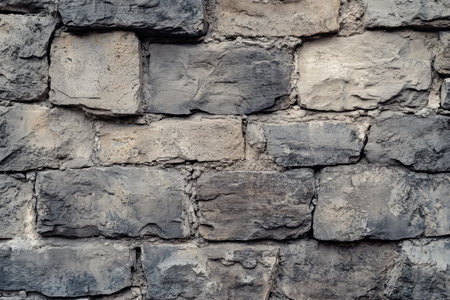 A detailed photograph of a weathered stone wall, showcasing the uneven shapes, textures, and patterns of the individual stones.の素材