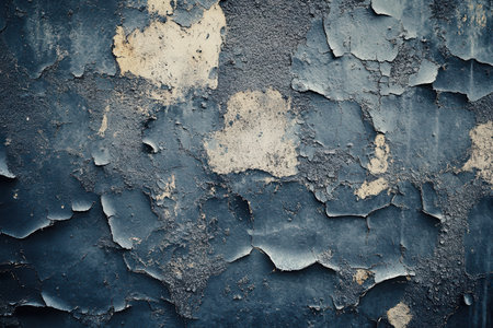 Close-up view of a textured surface with peeling blue paint.の素材
