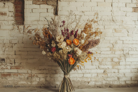A dried flower bouquet with white, orange, and brown flowers is arranged in front of a white brick wall.の素材