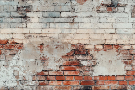 A weathered brick wall with peeling white paint, showing the underlying red brick and creating a textured background.の素材