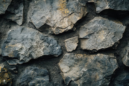 A close-up photograph of a weathered stone wall, showcasing the natural textures and irregularities of the rock.の素材