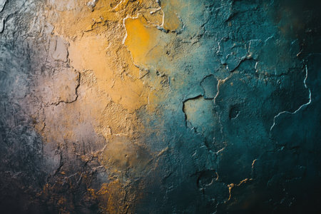 A close-up abstract image of a textured wall with yellow and teal hues.の素材