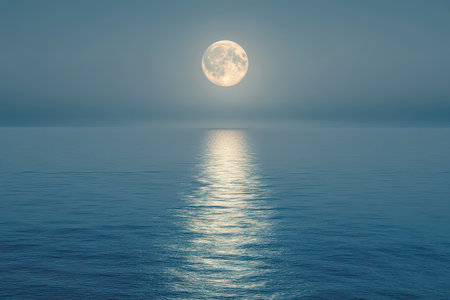 A full moon shines brightly in the night sky, its light reflecting on the calm, rippling surface of the ocean.の素材