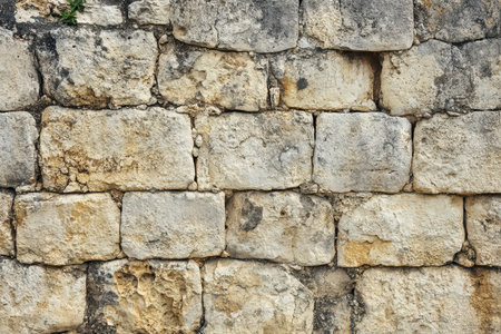 A close-up of a weathered stone wall, showcasing its rough texture, uneven surfaces, and natural aging.の素材