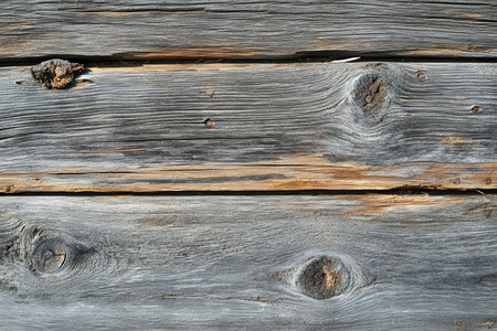 A close-up shot of weathered gray wooden planks with visible knots and grain patterns.の素材