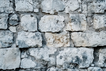 A close-up of a weathered stone wall with irregularly shaped blocks and a rough, textured surface.の素材