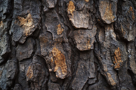 A close-up view of the textured surface of tree bark with deep cracks and varying shades of brown and grey.の素材