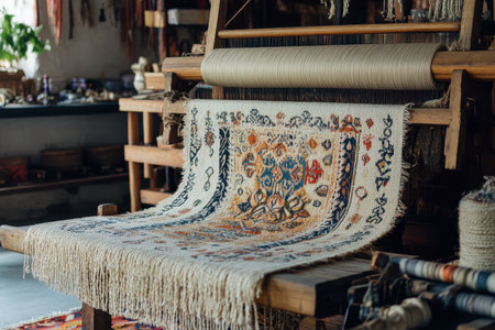 A close-up of a traditional wooden loom weaving a detailed patterned rug with fringes.の素材