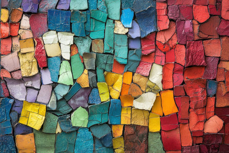 A close-up view of a colorful mosaic wall with abstract patterns and textures. The mosaic is made up of irregularly shaped tiles arranged in a random, geometric pattern. The tiles are painted in various vibrant colors, creating a visually striking and contemporary design.の素材