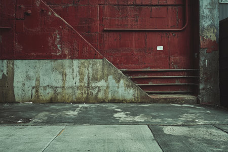 A weathered concrete wall with red brick and pipes, showcasing an aged urban texture.  The wall meets a sidewalk in a corner.の素材