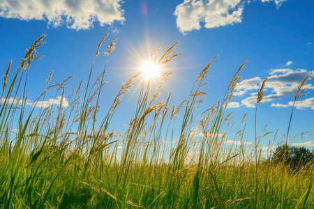 A close-up view of tall green grass swaying in the wind under a blue sky with the sun shining through white clouds.の素材