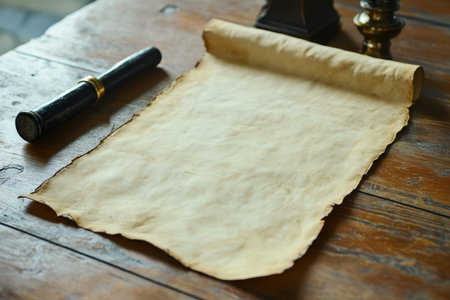 A close-up shot of a weathered, antique parchment paper unrolled on a wooden table.の素材