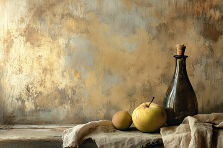 A simple still life of a yellow apple, a brown glass bottle, and a piece of linen fabric on a rustic wooden table against a textured background.の素材