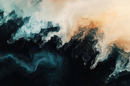 An abstract image of swirling patterns in teal, white, and gold against a dark background, resembling a fluid, dynamic design.の素材