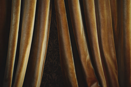 A close-up of a brown textured fabric curtain, showcasing its soft, rich texture and elegant folds.の素材