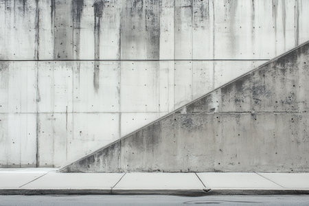 A textured concrete wall with a diagonal section meeting a sidewalk, creating a minimalist urban scene.の素材
