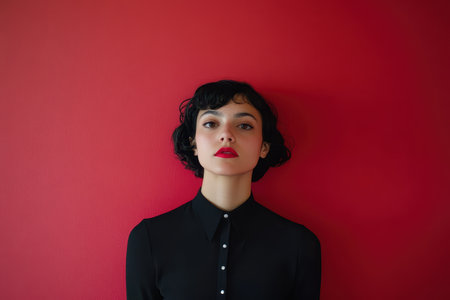 A woman with dark hair and red lipstick stands against a red wall, looking directly at the camera.の素材