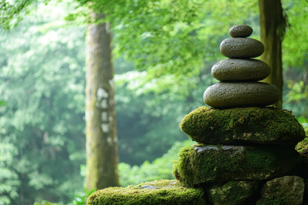 A stack of stones balanced on top of a mossy rock, set against a blurred background of green forest foliage.の素材