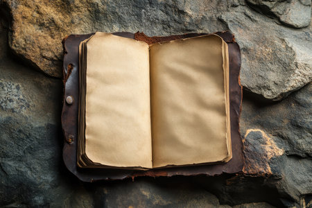 A vintage leatherbound book with blank pages is open and rests on a rough, textured stone surface.の素材