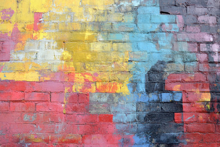 A close-up of a brick wall with peeling paint and various colors, creating a textured abstract background.の素材
