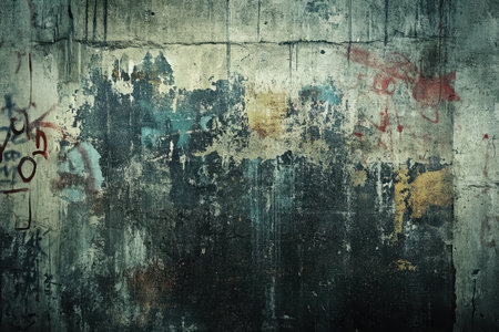 A close-up of a weathered concrete wall with peeling paint, graffiti, and a grunge aesthetic.の素材