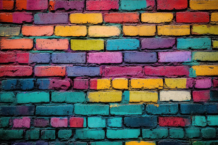 A close-up shot of a brick wall with unevenly painted bricks in various shades of red, yellow, blue, green, and purple.の素材